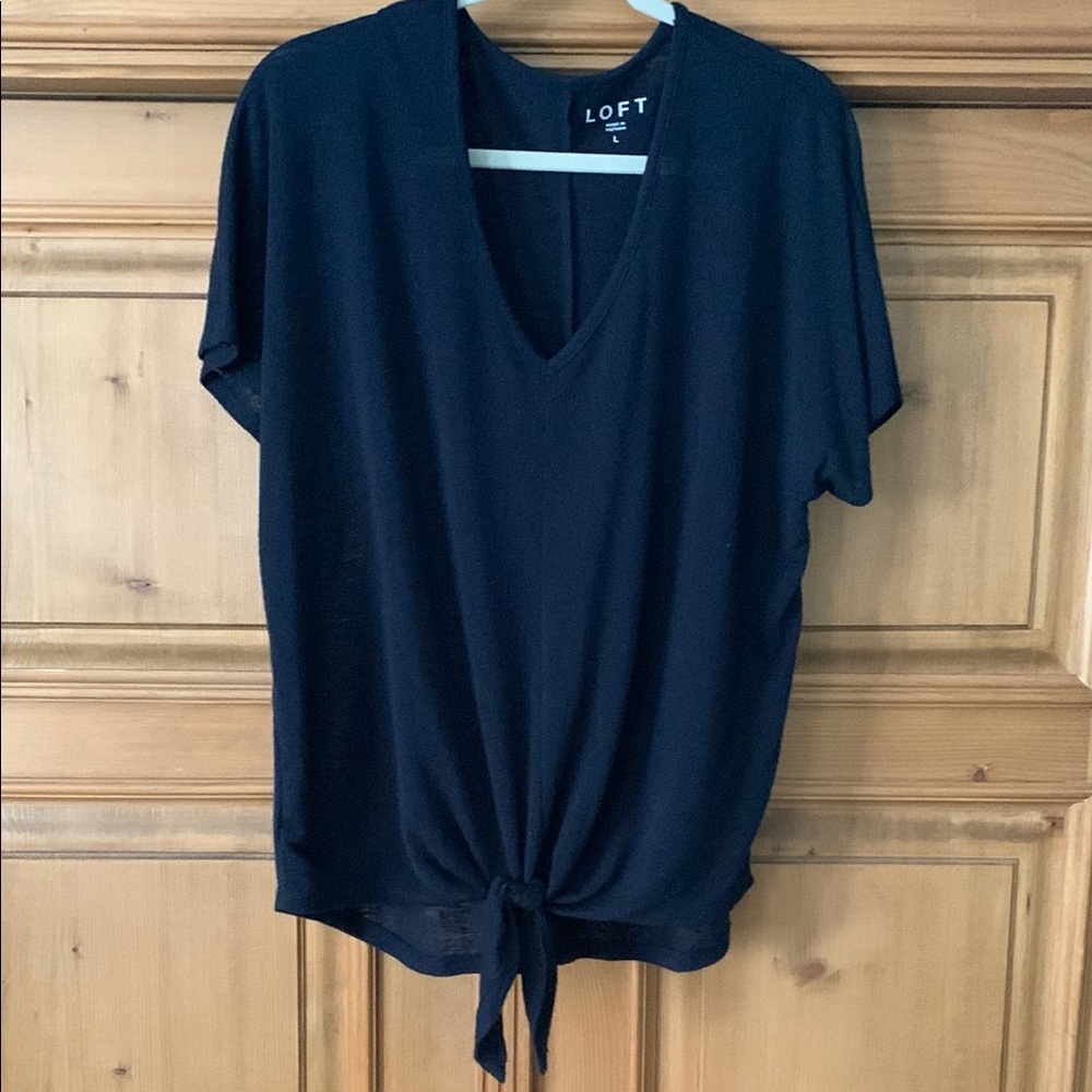 LOFT Blue Short Sleeve Tie Front Blouse, Size L